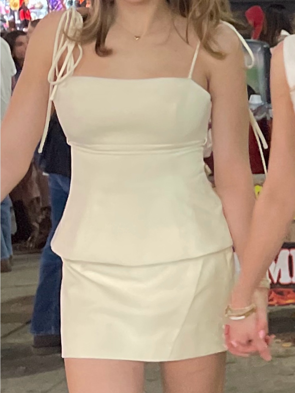 Women's Cream Peplum Top and Skirt Set with Tie Straps